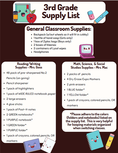 3rd grade supply list